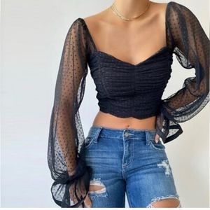 A Peach Witchiecore Black Swiss Dots Tulle PUFF Sleeve Rouched Crop Top M (F9)